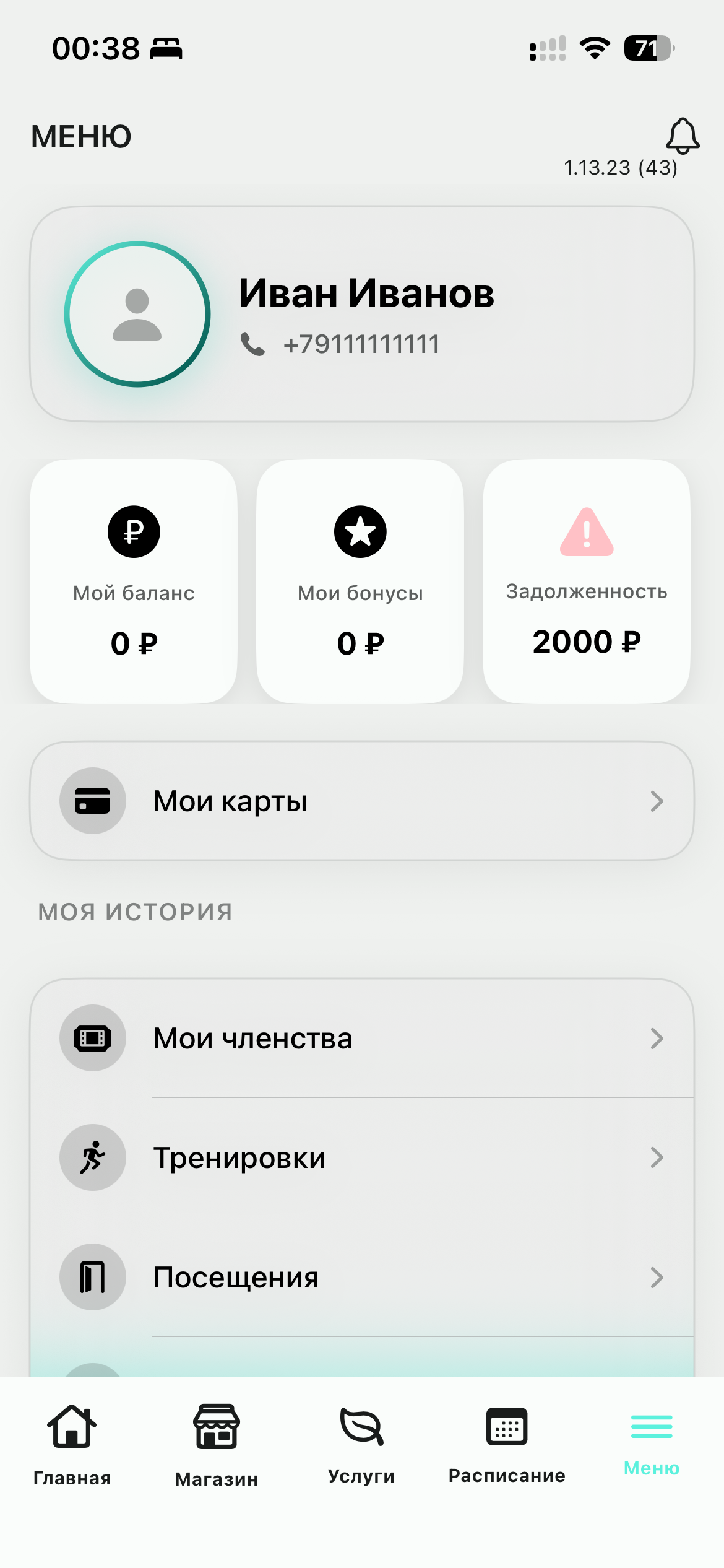 Шаг 1. Экран «Меню» с профилем пользователя